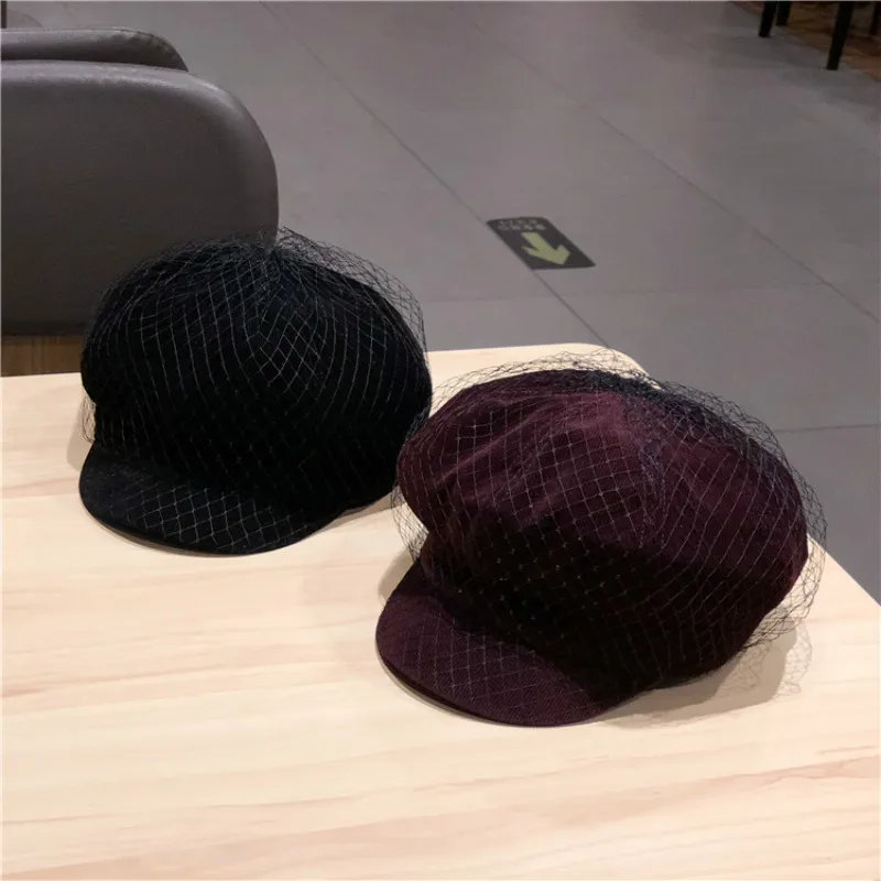 

H7620 Retro Mesh Yarn Beret Hat Women Japanese Solid Color Short Eave Cap Autumn Spring All-match Vintage Newsboy Berets Hats