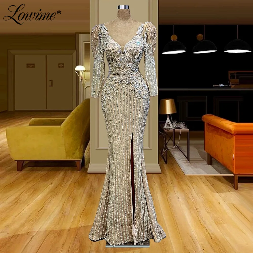 

Luxury Crystals Beading Champagne Evening Dresses 2021 Customized Long Sleeves Mermaid Formal Party Gowns Plus Size Prom Dresses