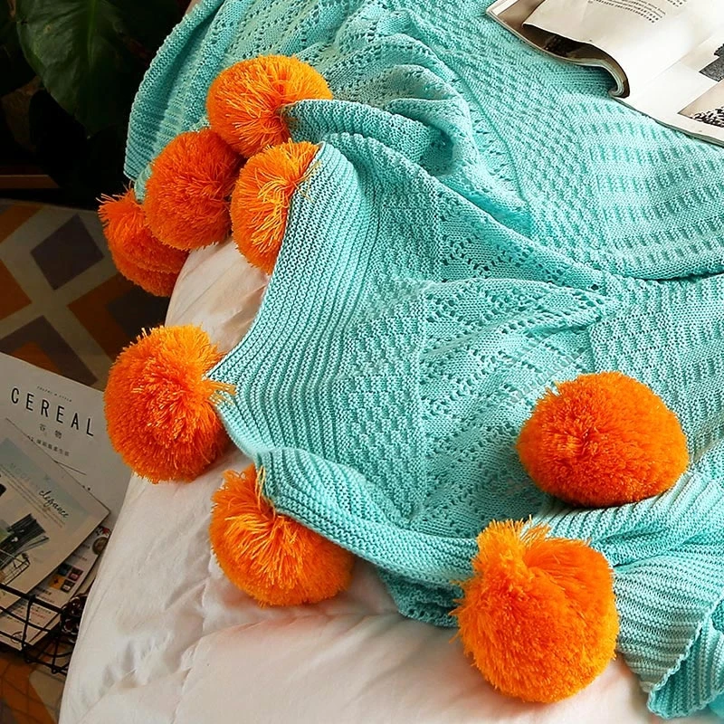 Balls Blanket Knitted Pompons Bedspread Soft Cobertor Macaron Color Fresh Woven Throw Nordic Style Sofa Bedding Decorating