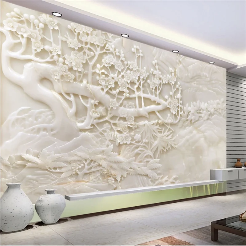 beibehang Custom wallpaper 3d murals high imitation white jade carving plum TV background wall living room night 3d wallpaper