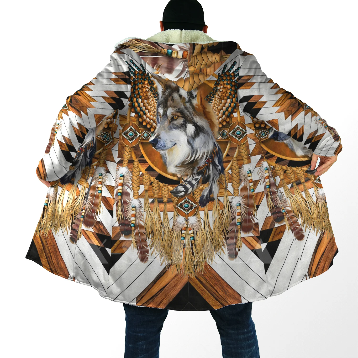 

Thick Warm Hooded Cloak for Women Men Native Wolf Skull Chief Overcoat Coat Windproof Fleece Cape Robe Hooded Blanket-2