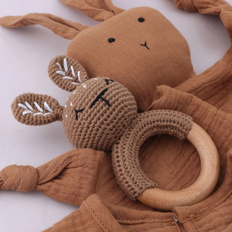 1set Newborn Gifts Baby Face Towel Feeding Bib Wooden Crochet Rattle Teether Appease Towel Pacifier Chain Clip Infant Bath Toys