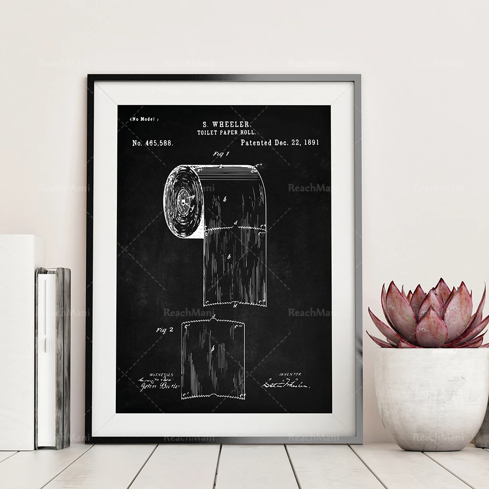 Bathroom Patent Set of 4, Bathtub, Toilet Paper Roll, Toilet Bowl, Bowl Brush, Patent Art, Bathroom Decor