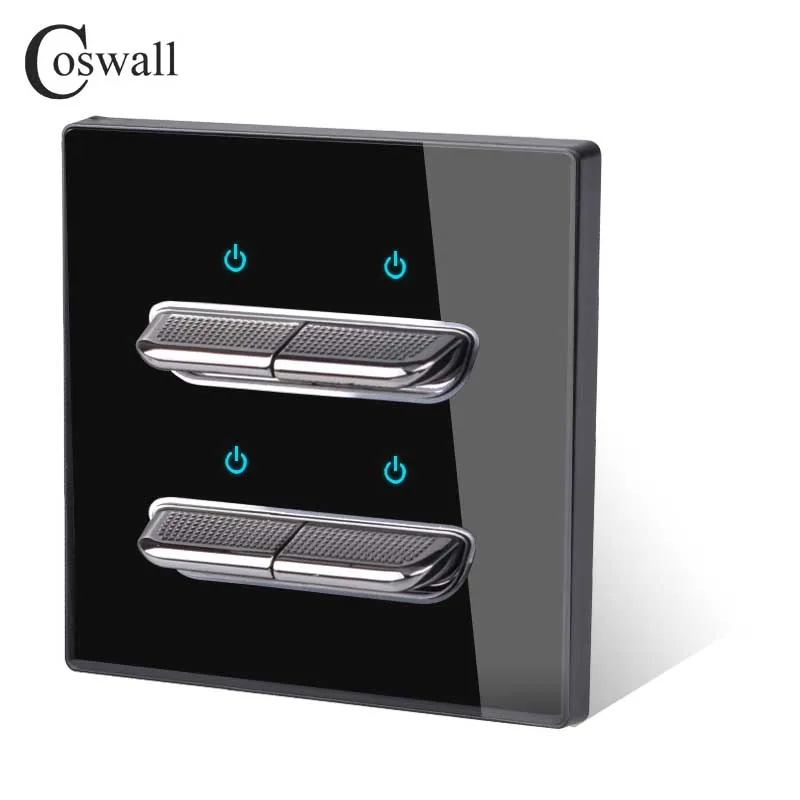 COSWALL 1/2/3/4 Gang 2 Way Toggle On / Off Passage Wall Light Switch Switched Stair Switch With Blue Backlight Glass Panel