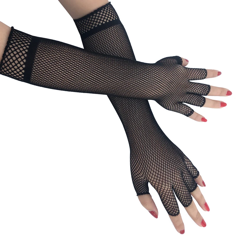 Guantes de malla Sexy para mujer, guante de codo de rejilla para mujer, guantes de medio dedo con agujeros ahuecados, disfraz de baile Disco, guante