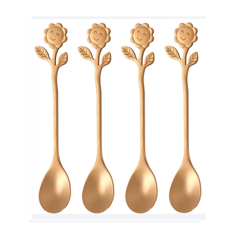 

4 Pcs/ Set Mini Spoon Coffee Spoons Sunflower Fruit Forks Creative Smile Stainless Steel Tableware Set Gold Kitchen Accessories