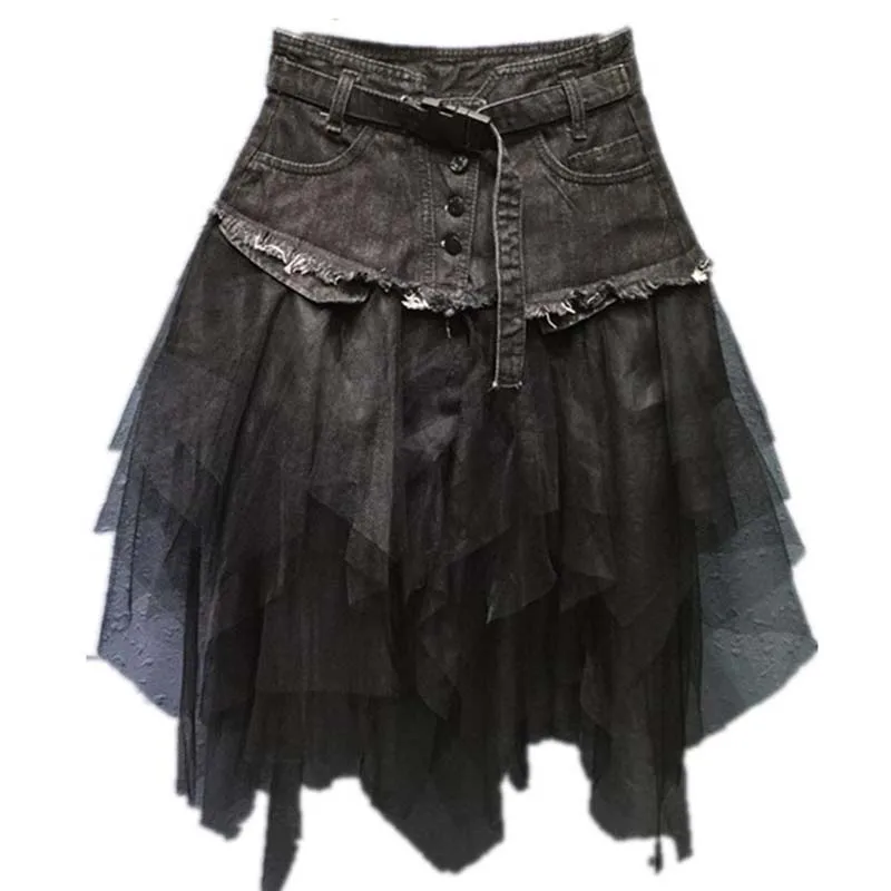 High Quality Women Denim Mesh Patchwork Lace Skirt High Waist A Line Asymmetric Frill Tulle Gothic Chic Skirts Faldas Mujer 2022