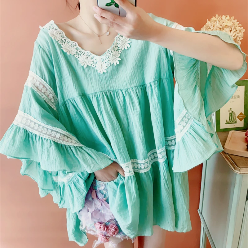 Blusa holgada informal de algodón y lino para verano y primavera, camisa holgada de gran tamaño con encaje, color verde, estilo coreano