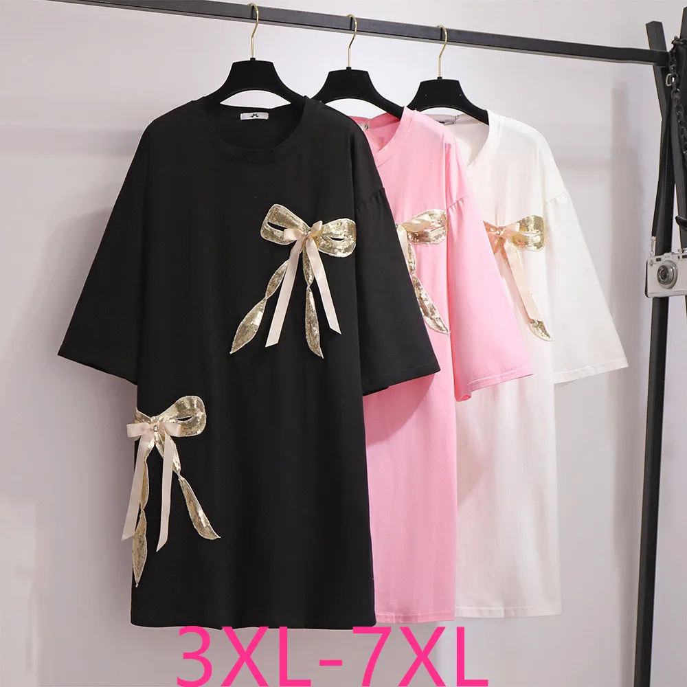 New 2021 Summer Plus Size Tops For Women Loose Short Sleeve Cotton Black White Pink Bow O-neck Long T-shirt 3XL 4XL 5XL 6XL 7XL