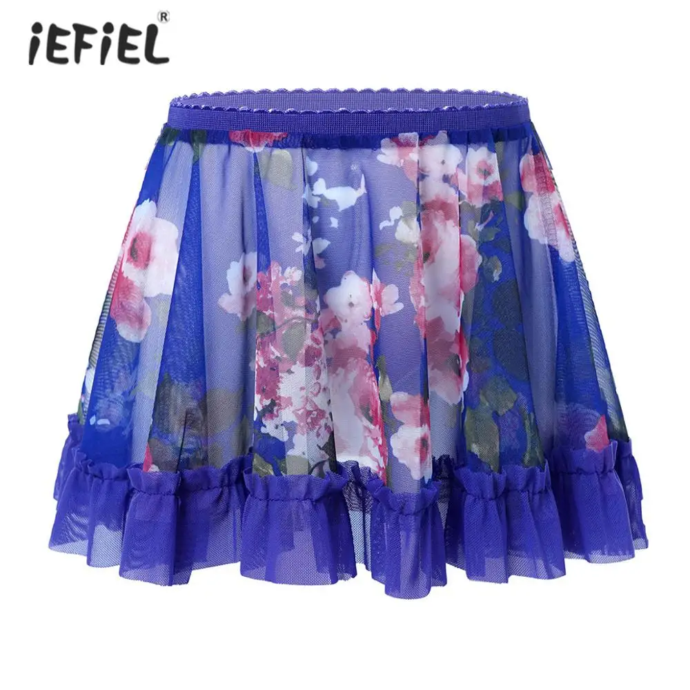 

Kids Skirts For Girls See-through Elastic Waistband Floral Print Ruffled Hem A-line Mini Short Skirt Girl Party Dance Skirt