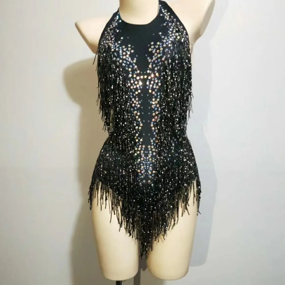 

Women's Classical Black Crystals Tassels Bodysuits Female Sleeveless Halter Performance Rompers Sexy Women Pole Dance Costumes