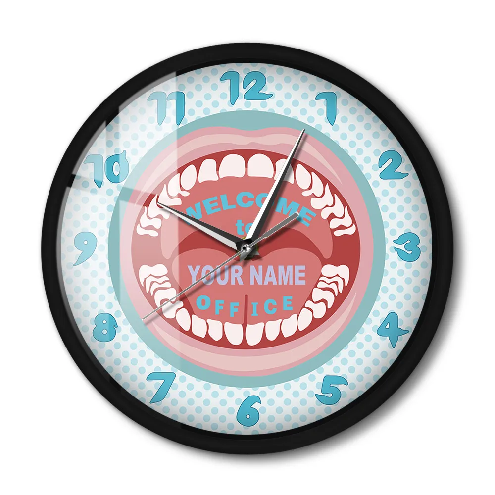 Dentist Metal Frame Round Clock Custom Dentist Name Hygienist Sound Activated Light Teeth Dental Clinic Dentistry Silent Watch