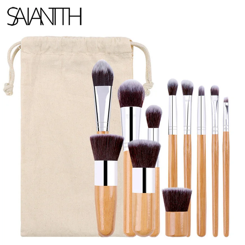 SAIANTTH 11pcs bamboo handle makeup brushes set Burlap bag professional cosmetic tool eye face beauty make up kit