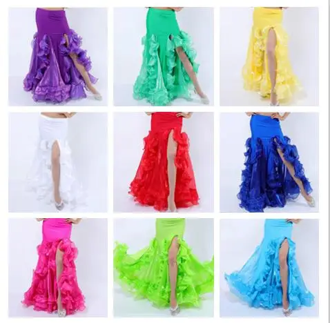 Sexy Candyt Solid 9 Color Women Belly Dance Long Ruffle Skirt Side Slit Dancing Performance Clothing