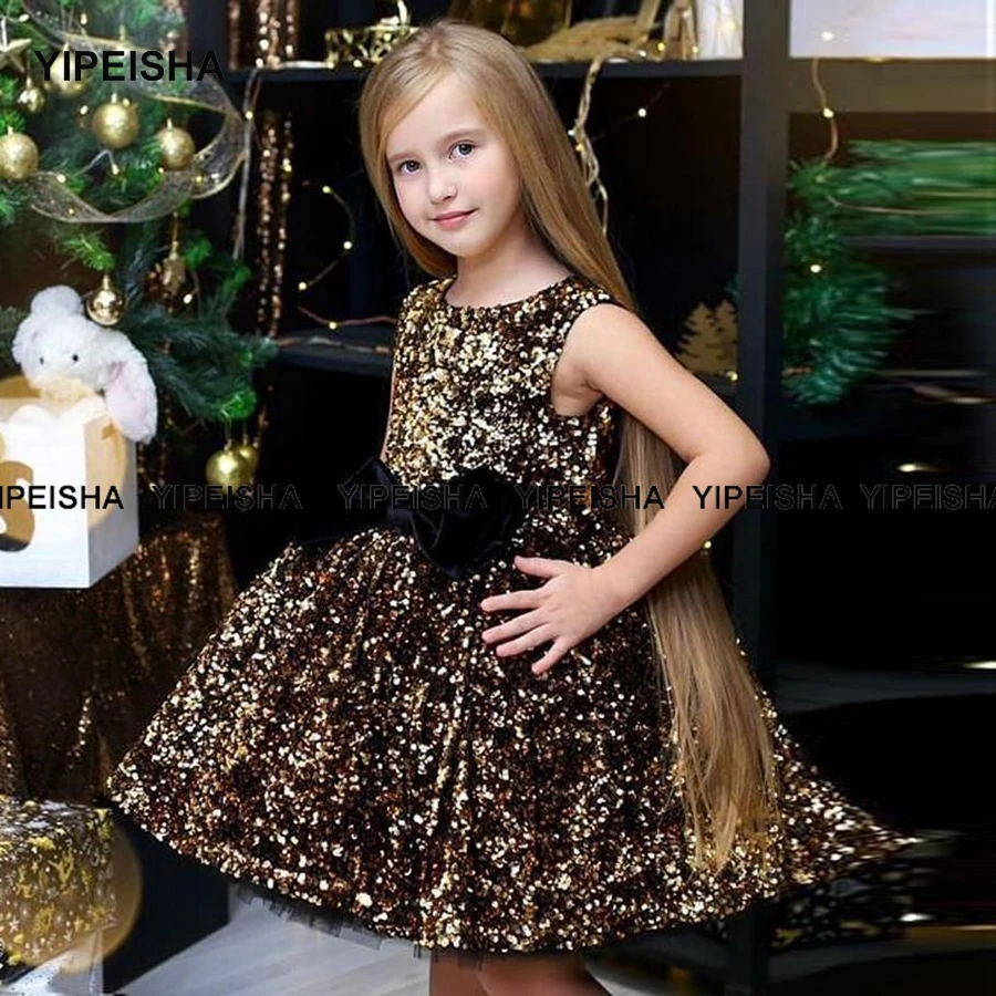 Yipeisha Jewel Glitter Sequin Flower Girl Dresses Knee Length A-line Gold Birthday Party Gown for Kids Children Formal Dress