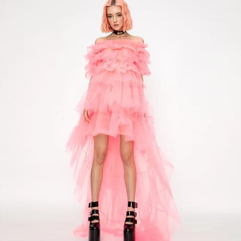 

Pretty Pink High Low Tulle Women Dresses To Formal Event Party Ruffles Tiered Long New Year Party Women Dresses Summer Long Robe