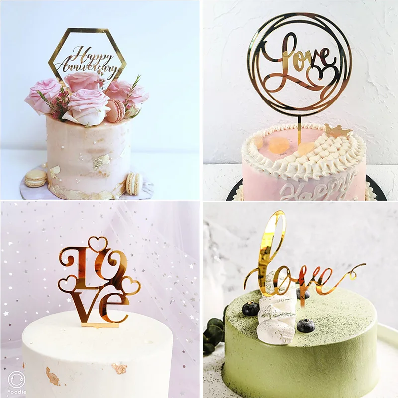 Gold Hand Writing Love Wedding Acrylic Cake Topper Valentine's Day Cake Topper for Wedding Valentine's Day Party Cake Decoration