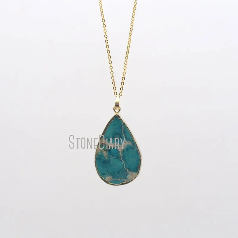 

NM28375 Imperial Jasper Natural Gemstone Teardrop Shape Pendant Gold Plated Chain Necklace Boho Bohemian Jewelry