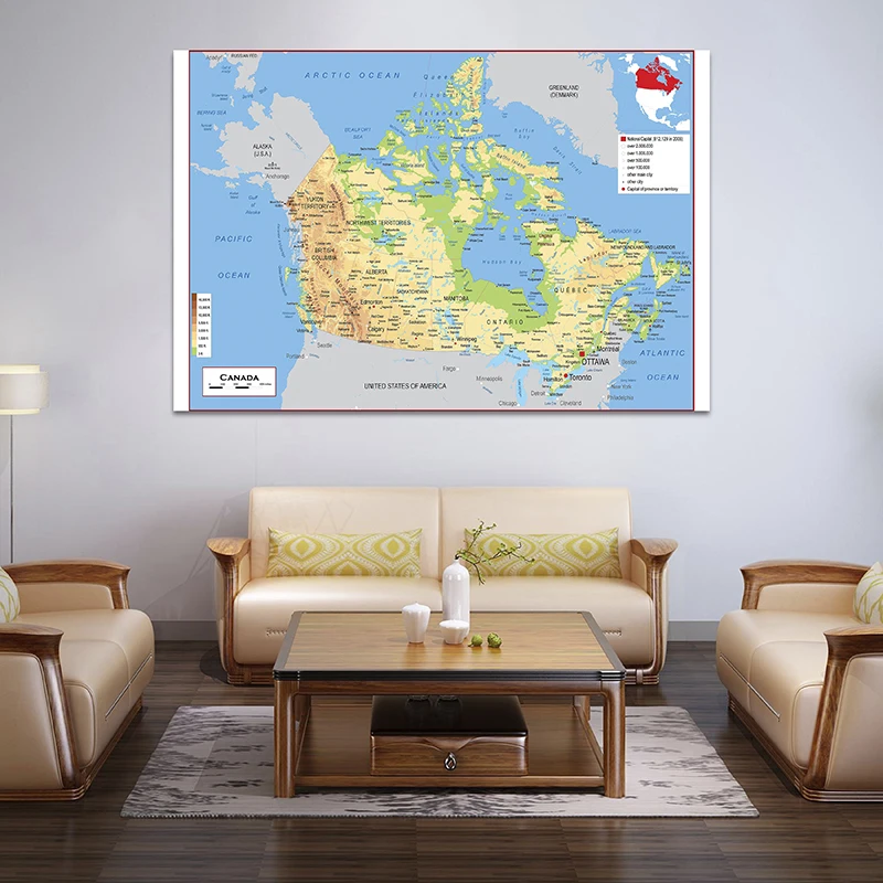 150*100cm The Canada Topographic Map In French Unframed Posters and Prints Wall Art Non-woven for Home Living Room Decoration