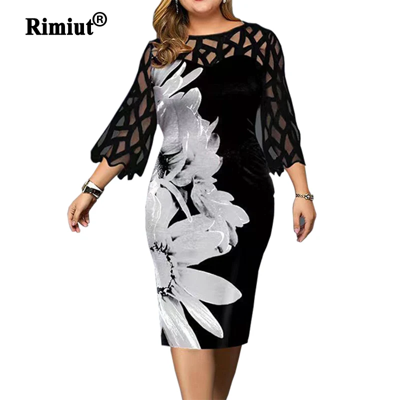 Rimiut mulheres plus size moda outono vestidos casuais senhora do escritório impresso vestido de renda flor preto festa tamanho grande mini vestido