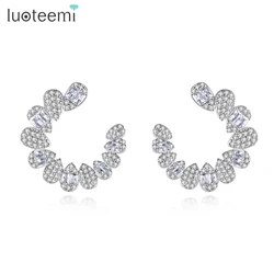 LUOTEEMI Big Rhinestone Flower Design Stud Earrings for Women Cubic Zirconia Circle Round Wedding Bridal Earrings for Women