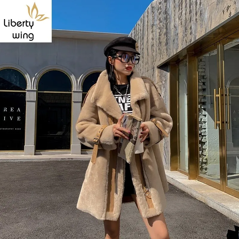 Abrigos holgados de longitud media para mujer, abrigo de piel auténtica de oveja, solapa de lujo, talla grande, moda coreana, nueva marca, Invierno