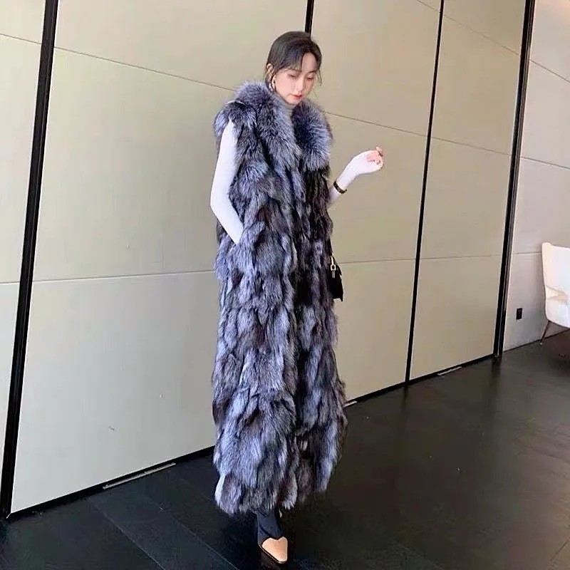 

2021 New Women's 100% Real Genuine Full Pelt Silver Fox Fur Fashion Female Overcoat Long Sleeveless Vest Waistcoat Plus Size Cu