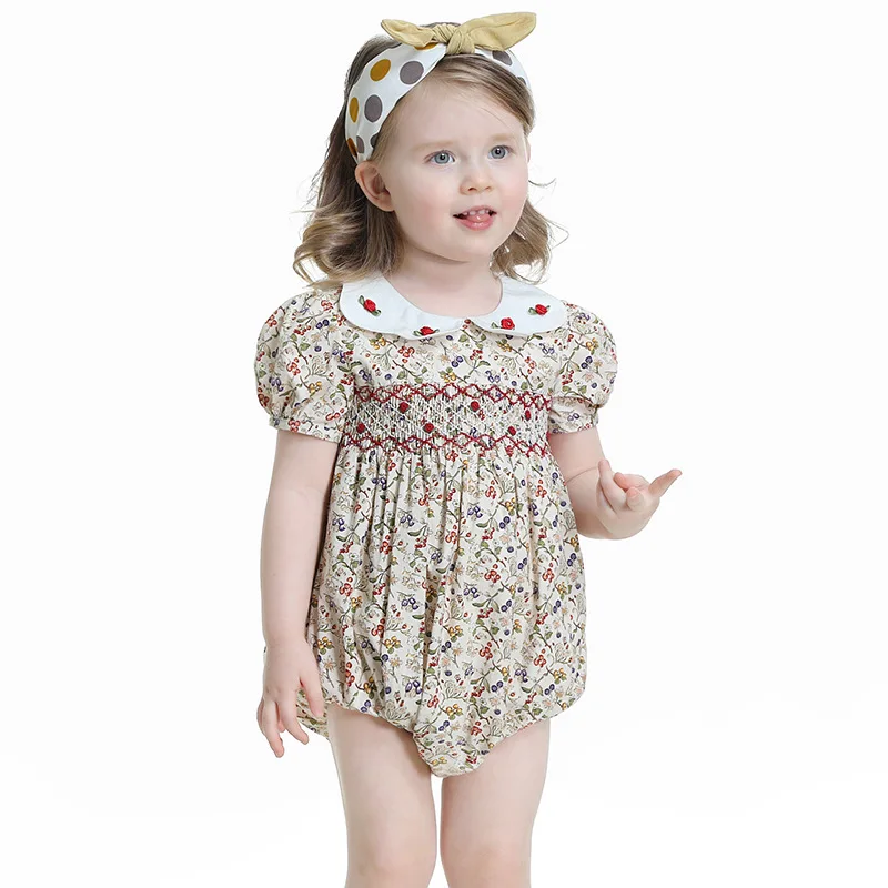 Baby toddler girl smocked romper 2024 summer kids infant girls elegant cotton smock floral jumpsuit rompers children bodysuit