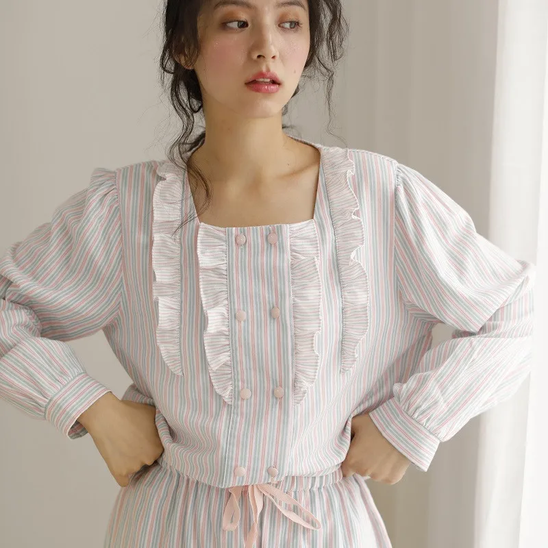 

Spring Autumn Cotton Striped Women's Pajamas Sets Sweet Female Long Sleeve Pyjamas Loose Sleepwear Suits Home Clothes