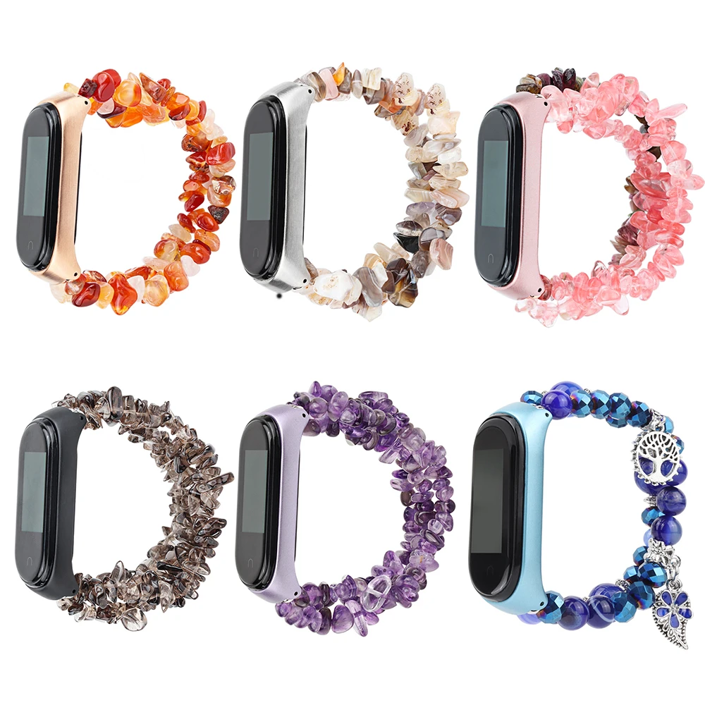 Beads Stone Bracelet for Xiaomi Mi Band 8 5 6 7 4 Handmade Natural Jewelry Wristband Elastic Woman Strap Miband Mi Band 8 Girls