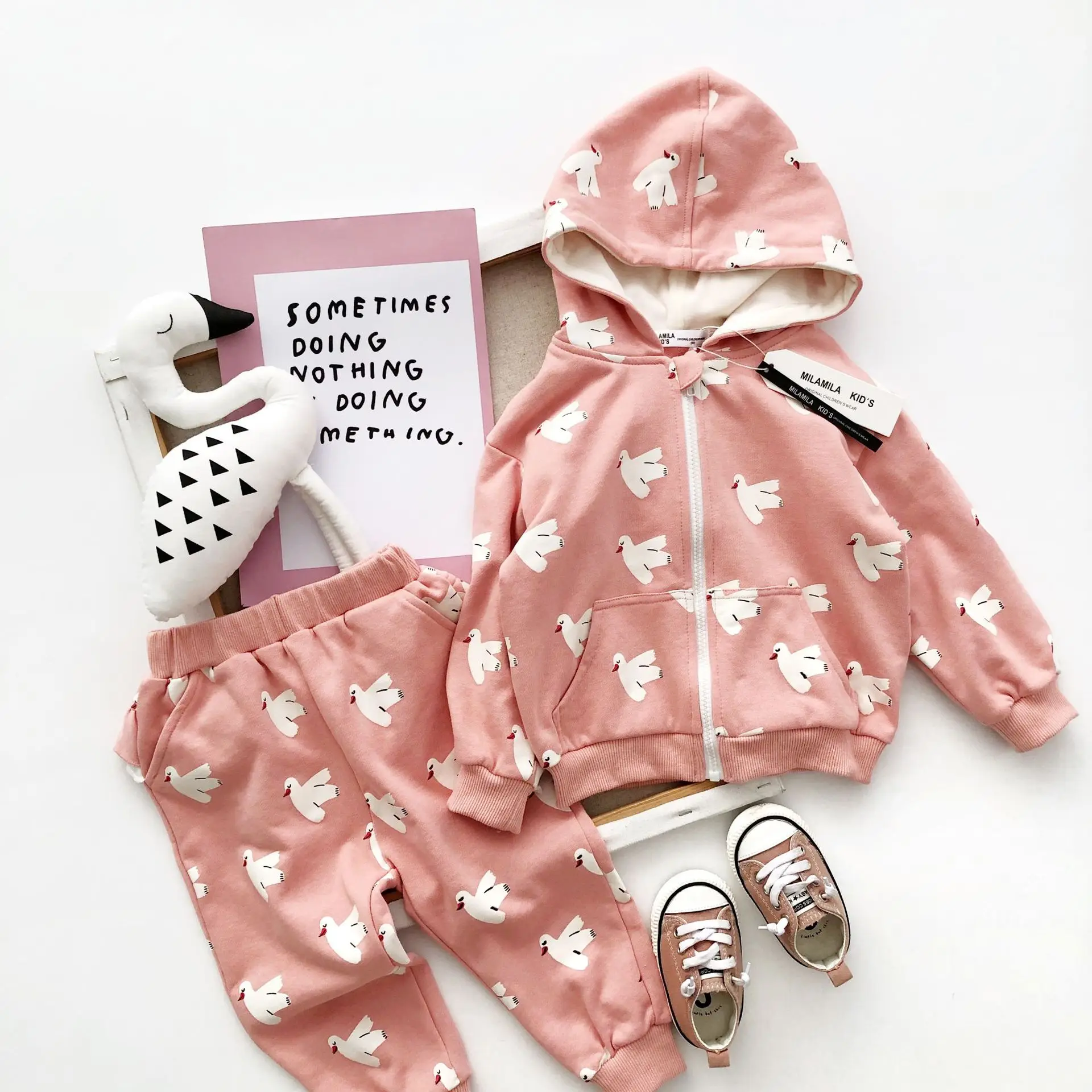 

Tonytaobaby Autumn and Winter New Cotton Hooded Girls'Set Pink Girls' Suit Kids Clothes Girls