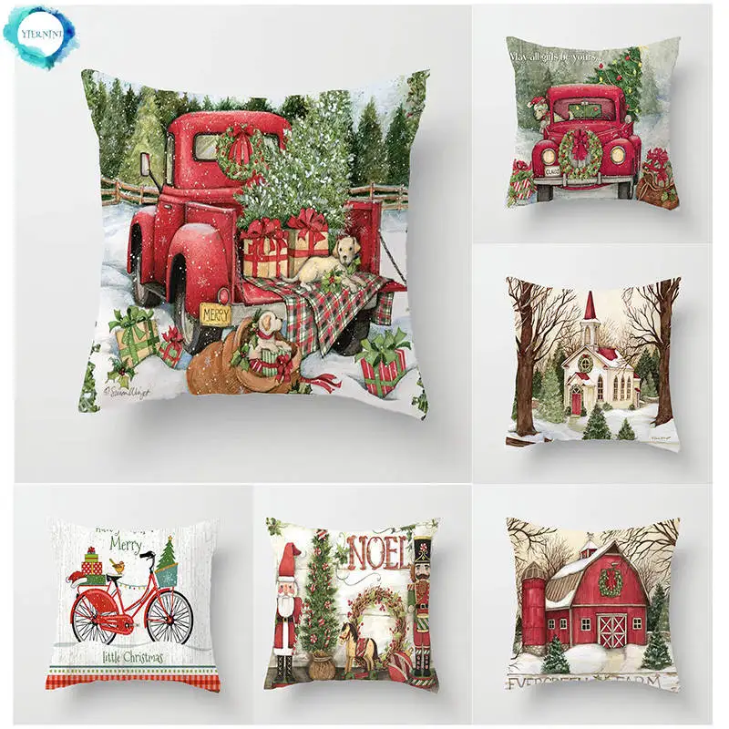 Red Truck Christmas Tree Pattern Cushion Cover Polyester Sofa Pillow Case Home Decorative Pillow Cover 45X45CM Fundas De Cojin