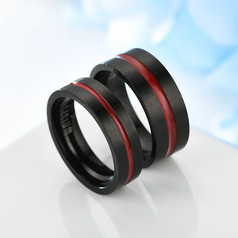 6/8mm Black Stainless Steel Couple Ring with Red Stripes Vintage Men\'s Titanium Steel Wedding Rings Band for Men Women Anillos