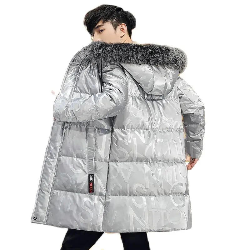 

Men Autumn Winter Thick Warm Mid-Length Hooded Down Jacket Fur Collar Shiny Cotton Padded Coat Waterproof Pop Large Size M-4XL