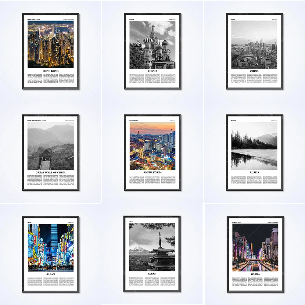 

Vietnam, Japan, Great Wall of China, Korean temples, India, skyscrapers, Osaka, Japan, Russia landscape travel posters