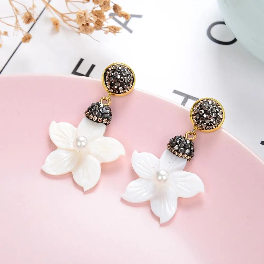 2020 New Design Bohemia Earring Black Rhinestone Natural Shell Flower Drop Earrings For Women Fashion Jewelry Kolczyki Wiszace