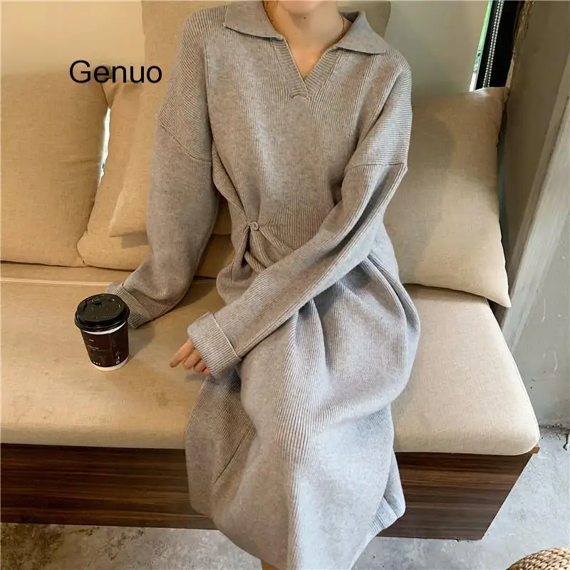 Knit Sweater Dress Loose Long Sleeve Mid Length Pullovers Sweater Dresses Women Autumn Winter Outfit Two Ways Wear