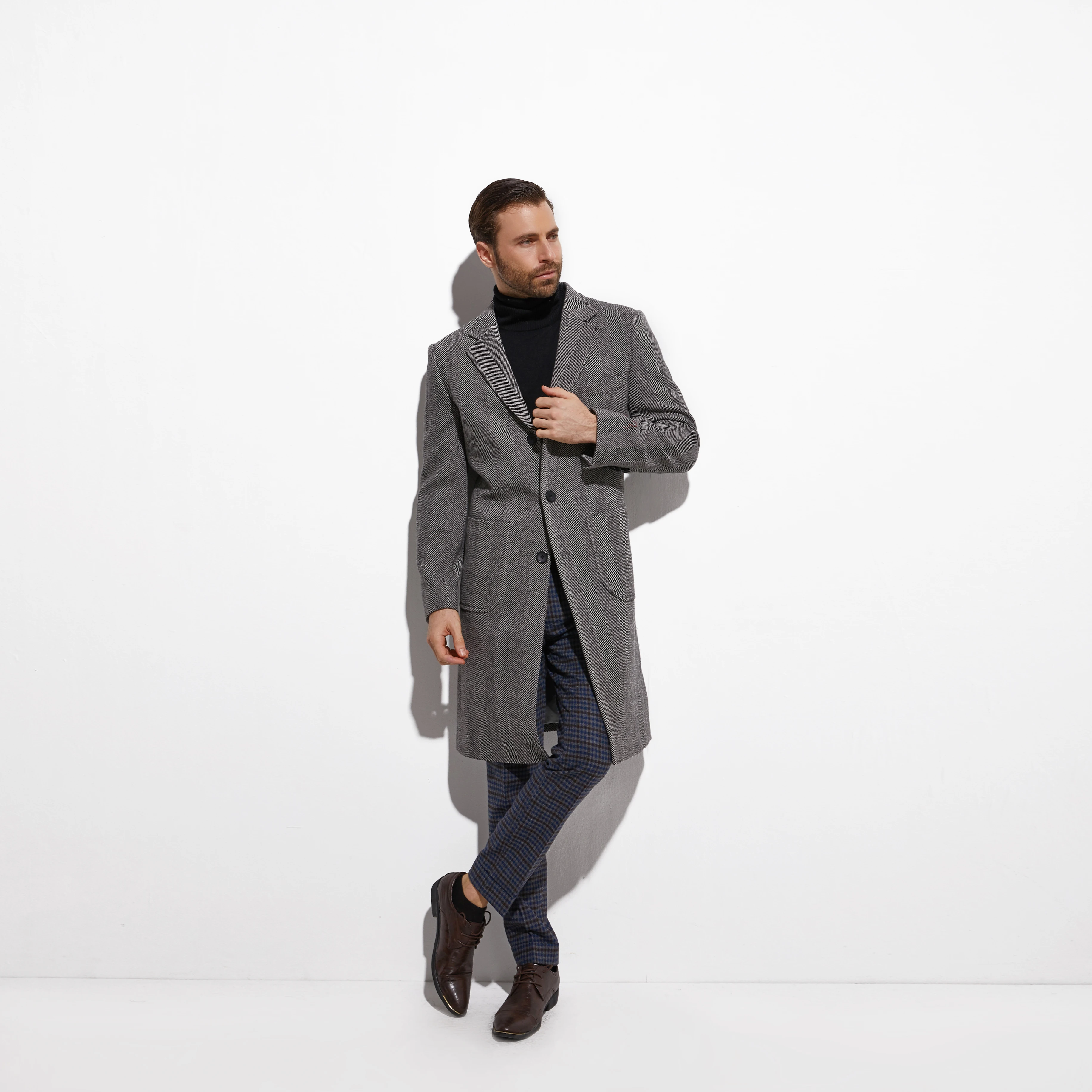 Elegant Tweed Topcoat Wide Grey Herringbone Long coat Custom Made Warm Winter Autumn Long Jacket, Manteau Homme Fasion Design