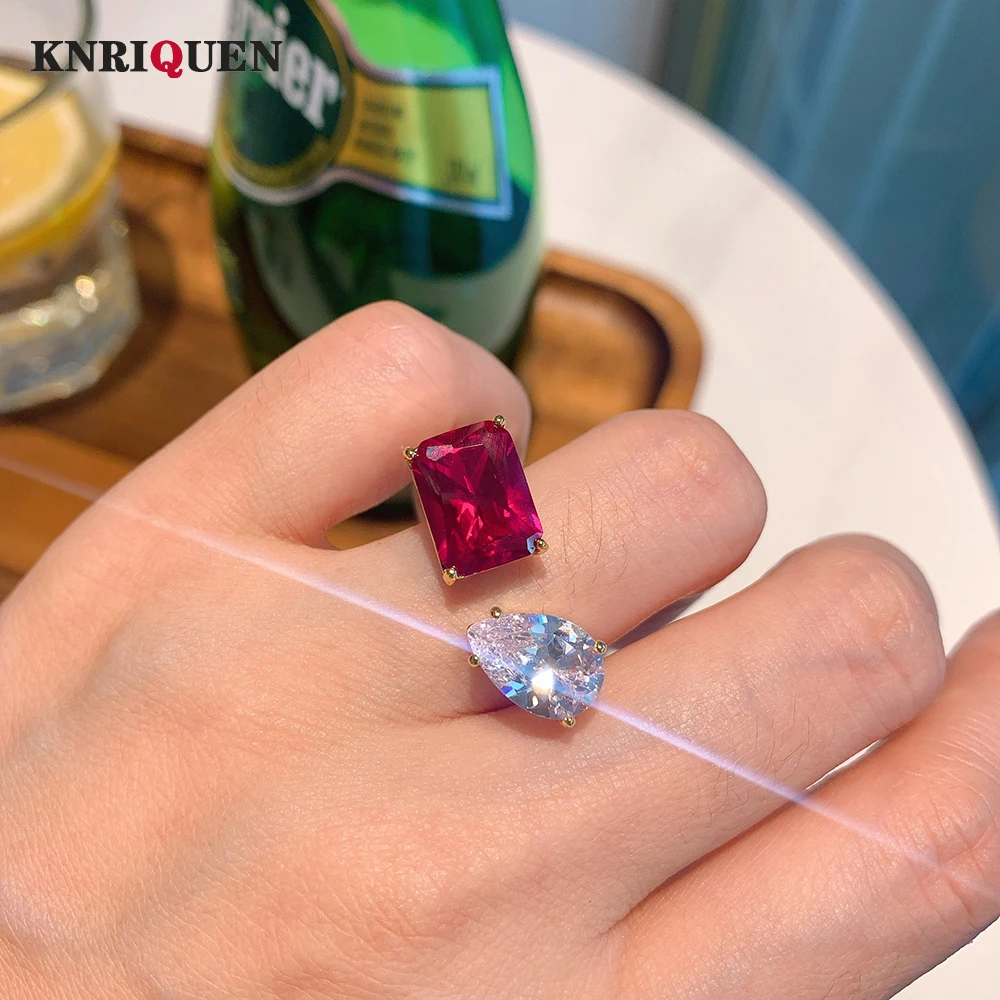 Vintage Luxury 9*12mm Ruby Gemstone Gold Color Open Rings for Women Lab Diamond Party Cocktail Fine Jewelry Female Accessories