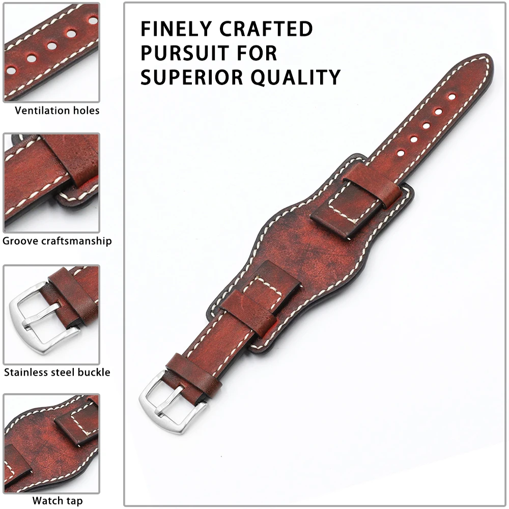 Onthelevel Vintage Leather Watch Strap 22mm 24mm Watch Band Yellow Red With Mat Black Wrist Protection Watchband For Panerai #D