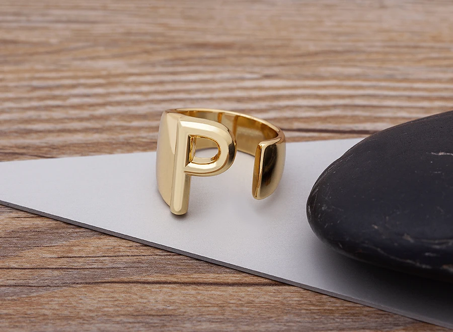 Trendy Hollow A-Z Letter Gold Color Adjustable Opening Ring Initials Name Alphabet Female Chunky Wide Party Wedding Jewelry