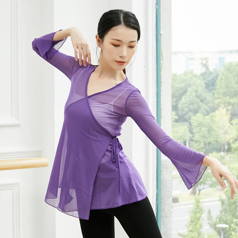 Sexy Transparent Classical Dance Shirt Long Sleeve Flowy Body Rhyme Gauze Top Women Folk Dance Practice Wear Light Weight