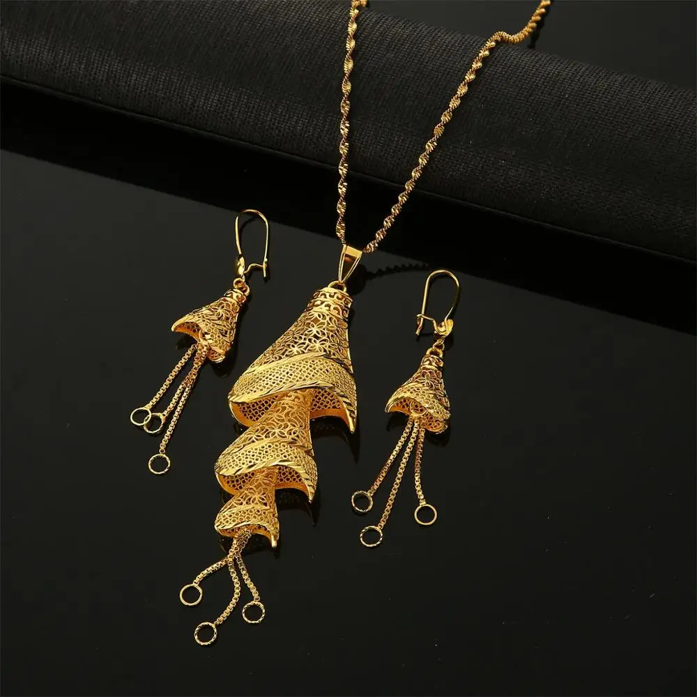 Ethiopian African Gold Color Pendant Necklaces Earrings Women Fulani Wedding Party Jewelry Set