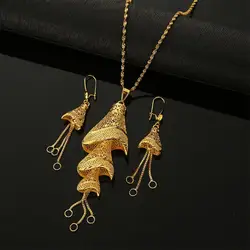 Ethiopian African Gold Color Pendant Necklaces Earrings Women Fulani Wedding Party Jewelry Set