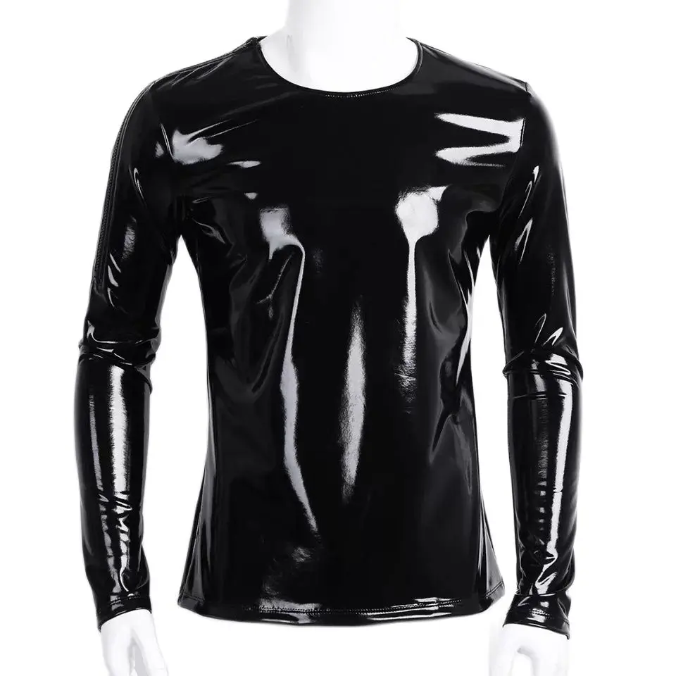 Camiseta de cuero de PVC brillante para hombre, abrigo informal de látex, funda erótica, Tops Sexi de manga larga metalizados brillantes, talla