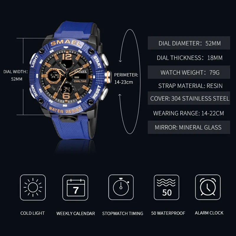 Sport Watches Waterproof SMAEL Male Clock Digital LED Display Quartz Analog Stopwatch Fashion Green Orange Clock 8039 Men Watch