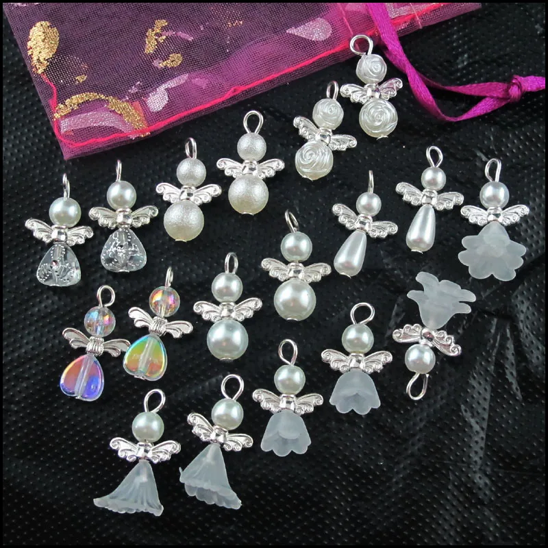 20Pcs/Lot White Dancing Heart Rose Flower Horn Acrylic Angel Silver Plated Wings Charms Pendants