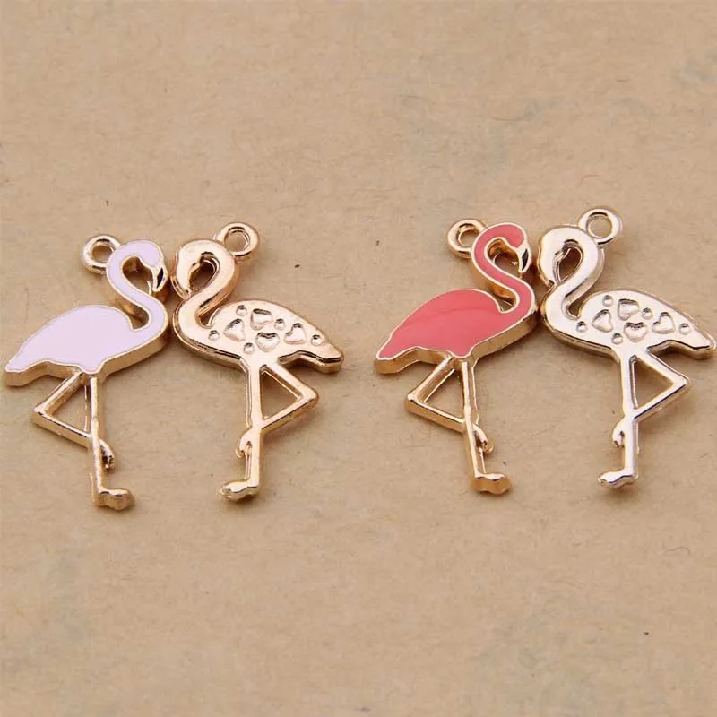 10 PCS/Lot 15*25mm Gold Color Flamingo Pendants Enamel Charms Handmade For DIY Jewelry Making Accessories Jewellery Findings