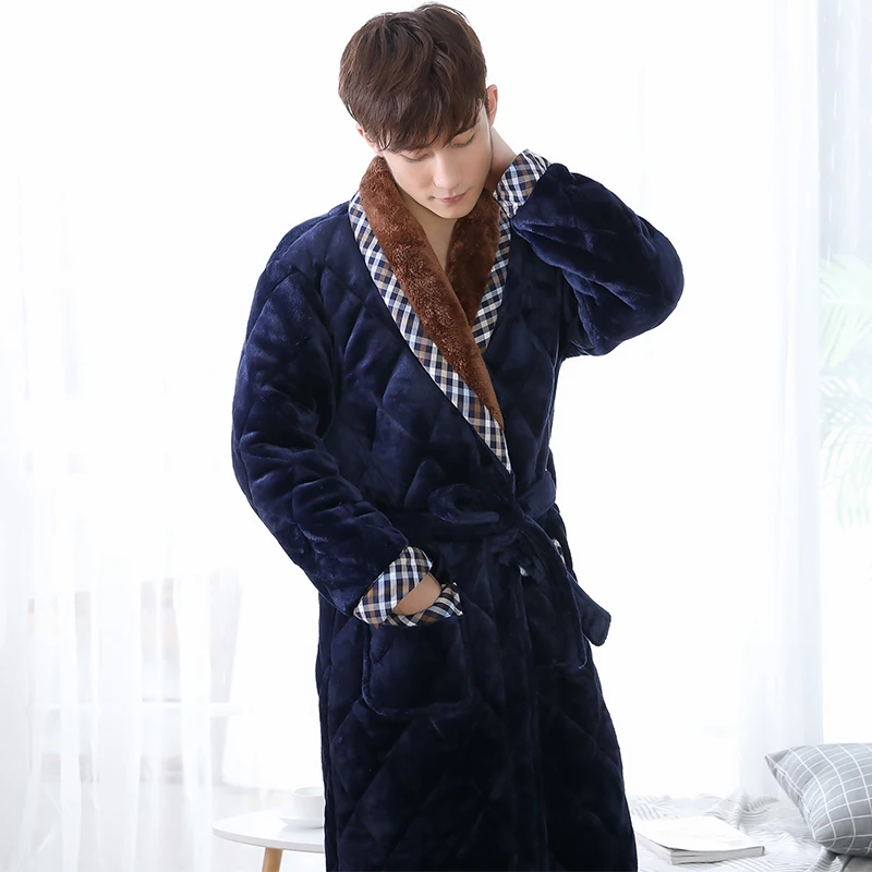 Winter Men Three Layers Quilted Bathrobe Thick Flannel Robe Sleepwear Big Yards XXXL Kimono Stitching Bathrobes Male Warm Lounge