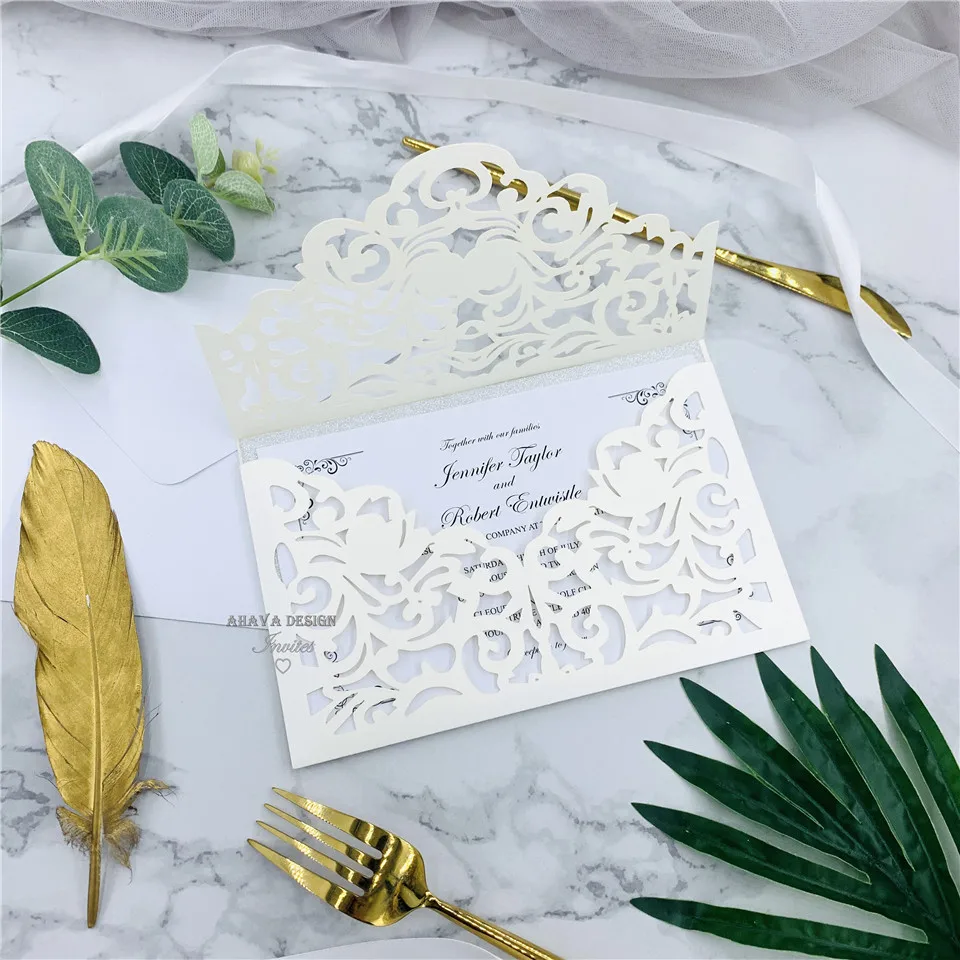 Cordially Inviting - Ivory Shimmer Laser Cut Sleeve With Classic Invitation And Glittery Silver Backer, Invite For Wedding